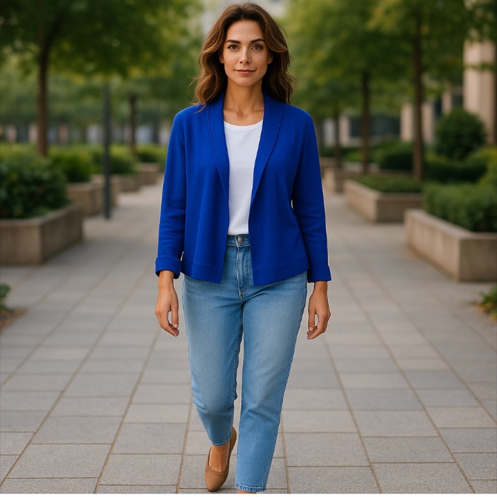 *89th & Madison Open Cardigan Sweater Large Ibiza Blue Long Ruched Sleeves $58